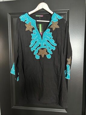 Keylime & Pink sheer Black Tunic with Turquoise Embroidered Yoke xL NWT